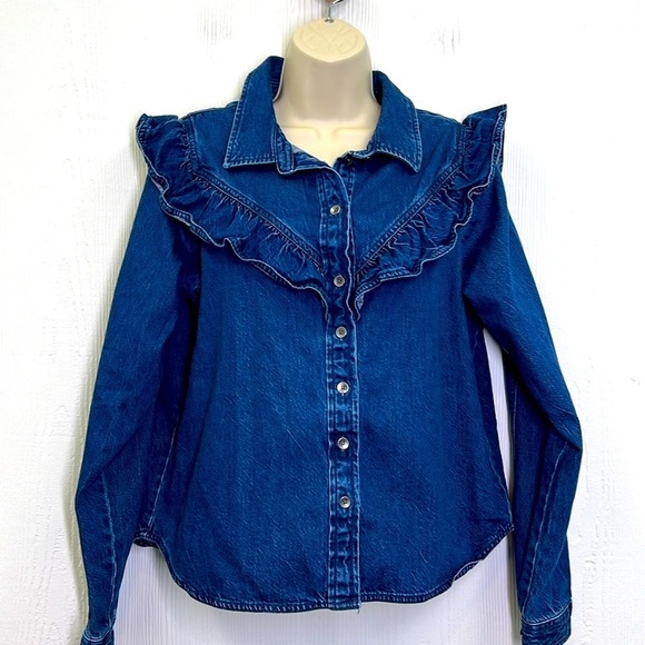 American Eagle - Oversized Dark Denim Button Down Ruffle Western Shirt Size M - Picture 6 of 13